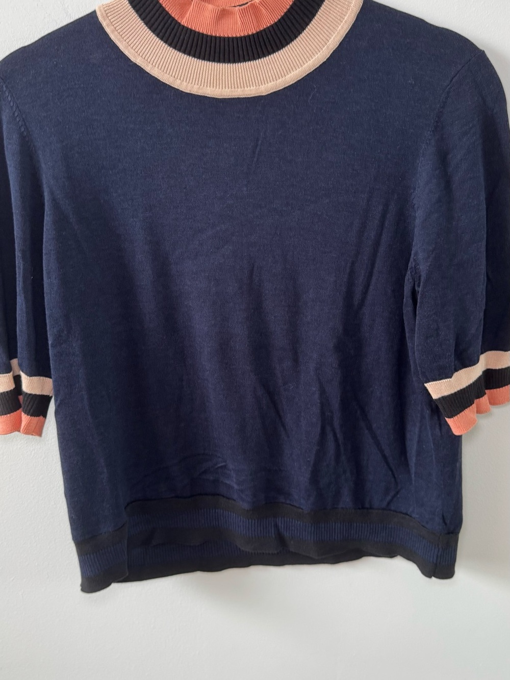 COS Navy Short-Sleeve Knit Top with Pink and Coral Trim